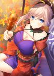  1girl arm_at_side arm_guards autumn bare_shoulders bench blue_eyes blush breasts cleavage dango earrings fate/grand_order fate_(series) food frills from_side holding holding_food japanese_clothes jewelry kimono large_breasts long_hair looking_at_viewer looking_to_the_side magatama miyamoto_musashi_(fate/grand_order) nail_polish off_shoulder outdoors pink_nails ponytail purple_kimono sash shiny shiny_hair silver_hair sitting solo taiki_ken tareme wagashi 