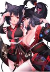  2girls animal_ears azur_lane bangs black_hair blue_eyes blush breasts butterfly_hair_ornament cat_ears cleavage collarbone commentary_request eyebrows_visible_through_hair floral_print fusou_(azur_lane) hair_ornament japanese_clothes large_breasts long_hair looking_at_viewer multiple_girls obi open_mouth paw_pose red_eyes sash short_hair smile thigh-highs uhouho14 white_legwear yamashiro_(azur_lane) 