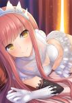  1girl backlighting bangs bare_shoulders bed_sheet blunt_bangs blush cleavage_cutout closed_mouth crop_top curtains elbow_gloves eyebrows_visible_through_hair fate/grand_order fate_(series) foreshortening frills gloves hand_on_hip long_hair looking_at_viewer lying medb_(fate/grand_order) miniskirt navel on_bed on_side pink_hair sidelocks skirt sleeveless smile solo stomach taiki_ken tareme tiara white_gloves white_skirt yellow_eyes 