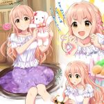  +_+ 1girl blush breasts brown_eyes commentary_request hair_intakes heart highres idolmaster idolmaster_cinderella_girls jewelry long_hair necklace open_mouth pink_hair razibep saionji_kotoka smile solo star_shades stuffed_animal stuffed_bunny stuffed_toy translated 