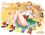  1girl bangs bare_shoulders black_hair blonde_hair blue_eyes blush bow bowtie breasts brown_hair cleavage closed_eyes collarbone commentary_request dress earmuffs eyebrows_visible_through_hair full_body gloves hat high_heels highres large_breasts logo long_hair official_art open_mouth panties pink_hair santa_hat shimashima08123 simple_background sitting sleeveless smile snowflake_background snowflake_print tokyo_exe_girls twintails underwear white_gloves 