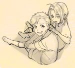  2boys alphonse_elric brothers edward_elric eyebrows_visible_through_hair fullmetal_alchemist greyscale hand_on_another&#039;s_back happy looking_at_another looking_at_viewer male_focus monochrome multiple_boys noako open_mouth sepia shirt short_hair shorts siblings simple_background smile socks 