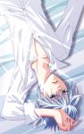  1boy bed_sheet blue_eyes collarbone from_above hand_on_own_head higashiyama_kazuko leroy_sulzkaya looking_at_viewer lying on_back parted_lips partially_unbuttoned partially_undressed pet_detective_y&#039;s shirt short_hair solo white_shirt 
