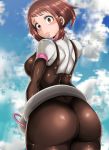  1girl adahcm ass back belt blue_sky blush blush_stickers boku_no_hero_academia breasts brown_eyes brown_hair clouds cloudy_sky day from_behind highres large_breasts looking_at_viewer looking_back outdoors short_hair sideboob skin_tight skindentation sky solo uraraka_ochako utility_belt 