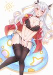  1girl :d azur_lane bikini black_legwear blush breasts choker cleavage collarbone garter_straps hair_between_eyes hands_on_lap innertube jacket jacket_on_shoulders lace lace-trimmed_bikini lace-trimmed_thighhighs large_breasts long_hair looking_at_viewer navel okojyo open_mouth prinz_eugen_(bilan_hangxian) side-tie_bikini silver_hair simple_background sitting smile solo sun swimsuit thigh-highs two_side_up wavy_hair yelow_eyes 