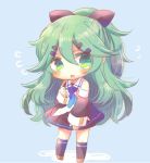  10s 1girl bangs black_legwear black_ribbon black_serafuku black_skirt blue_background blue_neckwear chibi detached_sleeves full_body green_eyes green_hair hair_between_eyes hair_flaps hair_ornament hair_ribbon hairclip kantai_collection kouu_hiyoyo long_hair neckerchief parted_bangs pleated_skirt ponytail ribbon school_uniform serafuku sidelocks simple_background skirt solo standing thigh-highs white_sailor_collar yamakaze_(kantai_collection) 