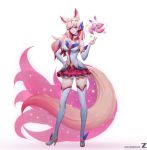  &gt;:) 1girl absurdres ahri animal_ears bangs blue_eyes boots breasts choker cleavage cleavage_cutout closed_mouth contrapposto detached_sleeves fingernails fox_ears fox_tail full_body hair_ornament hairband hand_on_hip high_heel_boots high_heels highres league_of_legends lips long_fingernails long_hair looking_at_viewer magical_girl mascot medium_breasts multiple_tails nail_polish paul_kwon pink_hair simple_background skirt smirk solo standing star_guardian_ahri swept_bangs tail thigh-highs thigh_boots white_background white_legwear zettai_ryouiki 