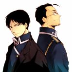  2boys beard black_coat black_hair coat facial_hair fullmetal_alchemist glasses looking_at_viewer looking_away maes_hughes male_focus military military_uniform multiple_boys roy_mustang saeuchobab short_hair simple_background smile uniform white_background 