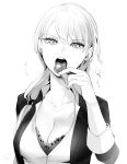  1girl bangs black_jacket bra bra_peek breasts c_(control) candy cleavage collarbone eating eyebrows_visible_through_hair food frilled_bra frills greyscale hair_over_shoulder highres holding_lollipop jacket jennifer_satou large_breasts licking lollipop long_hair long_sleeves looking_at_viewer low_ponytail monochrome onomatopoeia open_mouth shirt signature simple_background solo tongue tongue_out underwear white_background white_shirt wntame 