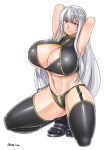  1girl armpits arms_behind_head arms_up bare_shoulders black_legwear black_panties blush breasts cleavage closed_mouth frown full_body garter_straps highleg highleg_panties highres huge_breasts kneehighs long_hair looking_at_viewer navel panties red_eyes saizu_nitou_gunsou selvaria_bles senjou_no_valkyria senjou_no_valkyria_1 sidelocks silver_hair solo stomach thigh-highs under_boob underwear very_long_hair 