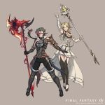  2girls animal_ears armor au_ra axe black_hair blonde_hair braid breasts cat_ears cleavage dragon_girl dragon_horns dragon_tail elbow_gloves facial_mark final_fantasy final_fantasy_xiv full_body glasses gloves green_eyes hair_over_one_eye horns long_hair looking_at_viewer miqo&#039;te multicolored_hair multiple_girls preyanan_suwanpramote red_eyes scales short_hair simple_background staff standing tail thigh-highs two-tone_hair warrior_(final_fantasy) watermark weapon white_mage 