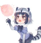  1girl animal_ears black_bow black_hair black_neckwear blush bow bowtie brown_eyes common_raccoon_(kemono_friends) cotton_candy drooling fur_trim grey_hair hn_(artist) kemono_friends open_mouth outstretched_arm pleated_skirt puffy_short_sleeves puffy_sleeves raccoon_ears raccoon_tail short_hair short_sleeves skirt solo sparkle sparkling_eyes tail 
