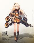  1girl :d asymmetrical_legwear bag bangs bike_shorts black_gloves black_legwear blonde_hair breasts character_request fang full_body girls_frontline gloves green_eyes gun hair_between_eyes hair_tucking hairband highres kneehighs long_hair long_sleeves looking_at_viewer mismatched_legwear nin_lion official_art open_mouth pleated_skirt pouch shotgun shotgun_shells shoulder_bag skirt sleeves_rolled_up small_breasts smile solo trigger_discipline turtleneck weapon wing_collar yellow_gloves 