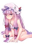  1girl asuzemu bare_legs blue_bow bow bra crescent crescent_hair_ornament hair_bow hair_ornament hat leaning_forward long_hair looking_at_viewer mob_cap panties patchouli_knowledge purple_hair red_bow sidelocks simple_background sitting sketch solo touhou underwear underwear_only very_long_hair violet_eyes white_background 