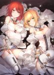  2girls ahoge belt blonde_hair blush breasts bridal_veil chains cleavage cosplay fate/grand_order fate_(series) fujimaru_ritsuka_(female) garter_belt gloves green_eyes juugonichi_(wheeliex2) light_smile lock looking_at_viewer lying medium_breasts multiple_girls padlock padlocked_collar red_eyes redhead saber_bride saber_bride_(cosplay) saber_extra short_hair thigh-highs veil white_gloves white_legwear 