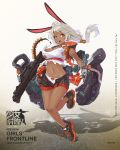  1girl artist_request bangs bare_legs black_shorts character_name copyright_name dark_skin eyebrows_visible_through_hair full_body girls_frontline grey_hair gun hair_tubes high_tops highres holding holding_gun holding_weapon long_hair looking_at_viewer navel neostead ns2000_(girls_frontline) official_art open_fly open_mouth panties red_eyes rigging shadow shoes shorts shotgun shotgun_shells silver_hair sneakers solo tank_top teeth torn_clothes underwear watermark weapon web_address white_panties 