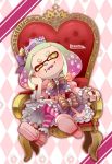  +_+ 1girl :d alternate_costume artist_name bow brown_bow checkered checkered_background crown domino_mask dress fangs frilled_dress frills full_body hair_ornament hime_(splatoon) jewelry legs_crossed lesuna long_sleeves looking_at_viewer mask mini_crown mole mole_under_mouth multicolored_hair open_mouth pearl pink_bow pink_dress pink_hair puffy_long_sleeves puffy_sleeves ring short_hair sitting smile solo splatoon splatoon_2 striped striped_legwear teeth thick_eyebrows throne two-tone_hair white_hair yellow_eyes 