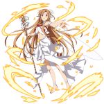  1girl asuna_(sao) braid brown_eyes brown_hair highres holding holding_staff long_hair magic navel official_art outstretched_arm parted_lips pointy_ears solo staff sword_art_online titania_(sao) transparent_background 