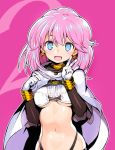  1girl :d blue_eyes breasts cape earrings gloves jewelry looking_at_viewer medium_breasts midriff navel open_mouth pink_hair rance_(series) shunin sill_plain smile solo standing under_boob v white_cape white_gloves 