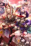  2girls alcohol bare_shoulders blonde_hair breasts cherry_blossoms cup drinking dripping earrings eyebrows_visible_through_hair facial_mark fang fate/grand_order fate_(series) hair_ornament highres holding holding_sword holding_weapon horns ibaraki_douji_(fate/grand_order) japanese_clothes jewelry kimono legs_crossed long_hair looking_at_viewer moon multiple_girls navel oni oni_horns open_mouth petals pointy_ears purple_hair red_moon revealing_clothes sakazuki sake short_hair shuten_douji_(fate/grand_order) sitting sky small_breasts sword tattoo torii violet_eyes weapon yellow_eyes yumeichigo_alice 