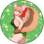  1girl animal_ears breasts competition_swimsuit fate/grand_order fate_(series) fox_ears fox_tail green_swimsuit hair_ribbon hand_on_hip highleg highleg_swimsuit kulettula large_breasts long_hair looking_at_viewer one-piece_swimsuit paws pink_hair ribbon solo swimsuit tail tamamo_(fate)_(all) tamamo_cat_(fate/grand_order) tongue tongue_out yellow_eyes 