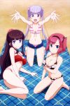  3girls :d absurdres arms_up bandeau bangs bare_legs barefoot bikini blue_eyes blunt_bangs breast_hold breasts cutoffs denim denim_shorts eyebrows_visible_through_hair feet hair_ornament hair_ribbon hair_scrunchie halterneck highres kneeling large_breasts lavender_eyes lavender_hair long_hair looking_at_viewer lying medium_breasts mochizuki_momiji multi-strapped_bikini multiple_girls new_game! official_art on_side one_side_up open_fly open_mouth open_pants outdoors outstretched_hand pink_hair plaid plaid_bikini ponytail purple_hair red_bikini ribbon sand scan scrunchie short_hair short_shorts shorts sitting smile striped striped_bikini suzukaze_aoba swimsuit takimoto_hifumi toes twintails under_boob 