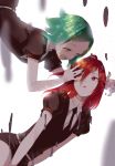  androgynous black_neckwear black_shorts furururu green_eyes green_hair houseki_no_kuni long_hair mercury necktie phosphophyllite red_eyes redhead shinsha_(houseki_no_kuni) shirt short_hair short_sleeves shorts uniform white_shirt 