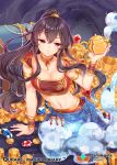  1girl :&lt; ahoge arm_support arm_up armlet black_hair breasts brown_hair choker cleavage coin copyright_name crystal eyebrows_visible_through_hair gem genie gold hair_between_eyes jewelry large_breasts long_hair looking_down midriff navel necklace official_art ponytail pout qurare_magic_library raised_eyebrow sitting skirt smoke solo watermark yellow_choker zenyu 