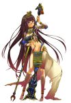  1girl bandage bare_shoulders barefoot bracelet breasts brown_hair cleavage egyptian egyptian_clothes engage_knights force_of_will full_body glasses jewelry long_hair midriff necklace official_art ring simple_background solo staff violet_eyes white_background 