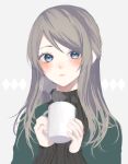  1girl blue_eyes blush cup grey_background grey_hair grey_sweater holding holding_cup long_hair long_sleeves looking_at_viewer original p2_(uxjzz) parted_lips ribbed_sweater solo steam sweater upper_body 