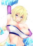  1girl :d arm_up blonde_hair blue_eyes blush breasts cleavage elbow_gloves fate/apocrypha fate_(series) gloves highres large_breasts looking_at_viewer midriff navel open_mouth pom_poms ruler_(fate/apocrypha) sankakusui smile solo sweat teeth 