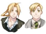  2boys alphonse_elric black_coat blonde_hair brothers coat edward_elric expressionless fullmetal_alchemist grey_coat happy long_hair looking_at_another looking_at_viewer male_focus multiple_boys necktie ponytail shirt short_hair siblings simple_background smile waistcoat white_background white_shirt yellow_eyes 
