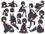  1girl :o bangs bare_shoulders black_dress black_eyes black_hair black_legwear black_ribbon closed_mouth crossed_arms dress from_behind from_side hammer_(sunset_beach) legs_up looking_at_viewer lying monogatari_(series) multiple_views neck_ribbon no_shoes on_side on_stomach open-back_dress oshino_ougi parted_lips ribbon short_hair simple_background sitting smile smug standing thigh-highs white_background 