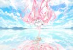  1girl absurdly_long_hair bangs blue_sky bow closed_mouth clouds cloudy_sky commentary dress flower gloves goddess_madoka hair_bow highres horizon kaname_madoka lake long_hair magical_girl mahou_shoujo_madoka_magica mountain outdoors pink_hair puffy_short_sleeves puffy_sleeves qidai reflection scenery shoes short_sleeves sky solo standing standing_on_one_leg twintails very_long_hair water_surface white_dress white_gloves white_shoes 