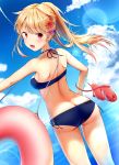  1girl :d alternate_costume ass back bare_arms bare_shoulders bikini blue_bikini blue_sky blush breasts butt_crack clouds condensation_trail cowboy_shot day dutch_angle flip-flops hair_flaps highres horizon ichinose_kizuki innertube kantai_collection legs_apart lens_flare long_hair medium_breasts ocean open_mouth outdoors ponytail red_eyes red_footwear remodel_(kantai_collection) sandals shoes_removed shoulder_blades sideboob sky smile solo standing swimsuit tareme water yuudachi_(kantai_collection) 