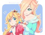  2girls bare_shoulders blonde_hair blue_eyes breasts crown dress earrings hair_over_one_eye jewelry long_hair looking_at_viewer super_mario_bros. multiple_girls princess_peach rosetta_(mario) smile super_mario_bros. super_mario_galaxy 