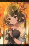  1girl artist_name autumn_leaves blue_eyes blurry commentary_request depth_of_field dress gloves green_eyes heterochromia highres idolmaster idolmaster_cinderella_girls inika letterboxed looking_at_viewer mole mole_under_eye parted_lips shawl short_hair smile solo takagaki_kaede 