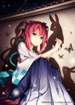  1girl akkijin aqua_eyes butterfly japanese_clothes looking_at_viewer night night_sky outdoors pink_hair rabbit shadow shinkai_no_valkyrie sitting sky solo star_(sky) starry_sky 