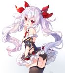  1girl azur_lane bangs bare_shoulders belt_buckle black_dress black_legwear black_panties buckle commentary_request cowboy_shot dress eyebrows_visible_through_hair from_side garter_straps hair_between_eyes hair_ribbon hand_to_own_mouth head_tilt hitsukuya long_hair looking_at_viewer looking_to_the_side panties parted_lips red_eyes red_ribbon ribbon silver_hair simple_background smile solo thigh-highs twintails underwear vampire_(azur_lane) very_long_hair white_background white_belt 