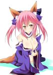  10s animal_ears blue_legwear blush breasts cleavage detached_sleeves fate/extra fate/extra_ccc fate/grand_order fate_(series) fox_ears fox_tail hair_ribbon large_breasts pink_hair pony_r ribbon tail tamamo_(fate)_(all) tamamo_no_mae_(fate) yellow_eyes 