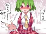  1girl al_bhed_eyes ascot blush dress_shirt green_hair hammer_(sunset_beach) kazami_yuuka looking_at_viewer open_mouth plaid plaid_skirt plaid_vest red_eyes shirt short_hair sitting skirt smile solo touhou translation_request upper_body vest 