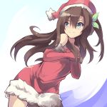  1girl bare_shoulders blush bow brown_hair christmas green_eyes hair_between_eyes hair_bow hair_ornament hands_on_own_chest hat highres if_(choujigen_game_neptune) long_hair neptune_(series) normaland santa_costume santa_hat solo wavy_mouth 