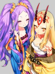  2girls bare_shoulders blonde_hair breasts cleavage eyebrows fate/grand_order fate_(series) grey_background hokora_(n70) horns ibaraki_douji_(fate/grand_order) japanese_clothes long_hair looking_at_viewer multiple_girls oni oni_horns pointy_ears purple_hair simple_background smile smirk tattoo twintails violet_eyes wu_zetian_(fate/grand_order) yellow_eyes 