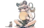  1girl animal animal_ears basket cheese dress eating food grey_hair looking_at_viewer meimaru_inuchiyo mouse mouse_ears mouse_tail nazrin red_eyes short_hair sitting tail touhou white_background 