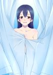  1girl bangs blue_hair blush commentary_request cowboy_shot curtain_grab curtains egooo hair_between_eyes holding long_hair looking_at_viewer love_live! love_live!_school_idol_project nude open_mouth simple_background smile solo sonoda_umi standing transparent yellow_eyes 