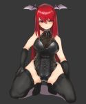  1girl arm_at_side bare_shoulders black_gloves black_legwear closed_mouth corset crotch_seam demon_girl demon_wings eyebrows_visible_through_hair full_body gloves hair_between_eyes halterneck hand_on_own_thigh head_wings highres kneeling koakuma long_hair looking_at_viewer matinmorgen no_nose red_eyes redhead smile solo spread_legs thigh-highs touhou wings 
