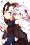  3girls absurdres ahoge black_legwear blonde_hair blue_eyes blush capelet carrying elbow_gloves fate/grand_order fate_(series) gloves headpiece heart highres jeanne_alter jeanne_alter_(santa_lily)_(fate) long_hair looking_at_viewer multiple_girls multiple_persona piggyback ranf ruler_(fate/apocrypha) squiggle thigh-highs yellow_eyes 