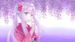  1girl blue_eyes copyright_name eromanga_sensei eyebrows_visible_through_hair floating_hair flower hair_between_eyes hair_flower hair_ornament highres izumi_sagiri japanese_clothes kimono long_hair nuno_(pixiv3830547) obi pink_kimono red_flower sash silver_hair solo upper_body yukata 