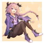  1boy bangs black_legwear braid converse crop_top eyebrows_visible_through_hair fate/apocrypha fate_(series) full_body hair_between_eyes hair_intakes high_tops highres hood hoodie ikomochi looking_at_viewer male_focus open_clothes open_hoodie open_mouth pantyhose pink_hair purple_shoes rider_of_black shirt shoes sidelocks single_braid smile sneakers solo star starry_background striped striped_shirt thighs trap v-neck violet_eyes 