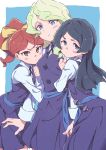 3girls arm_hug bangs barbara_parker black_hair blonde_hair blue_background blue_eyes blush_stickers bow brown_hair diana_cavendish frown girl_sandwich grey_eyes hair_bow hanna_england highres little_witch_academia long_hair long_sleeves looking_at_viewer multiple_girls parted_bangs pleated_skirt ponytail purple_skirt purple_vest sandwiched school_uniform shirt simple_background skirt standing sweatdrop tama v-shaped_eyebrows vest white_shirt 